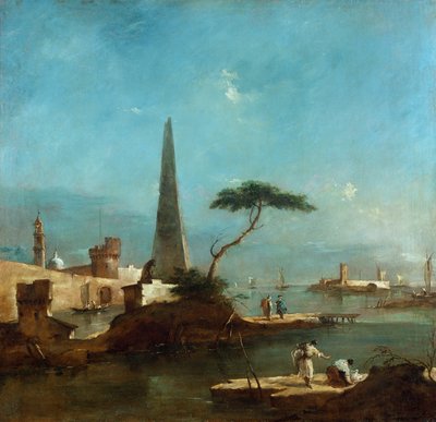 Obelisco junto a la entrada a un puerto amurallado de Francesco Guardi